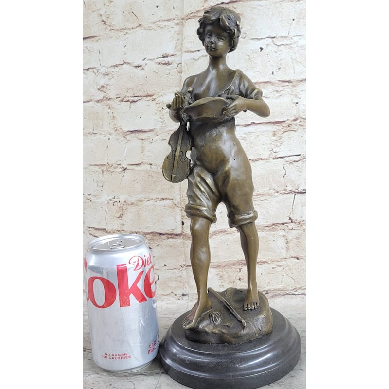 100 Percent Solid Bronze Sculpture Statue Figure Boy And Violin Figurine Figure Decor