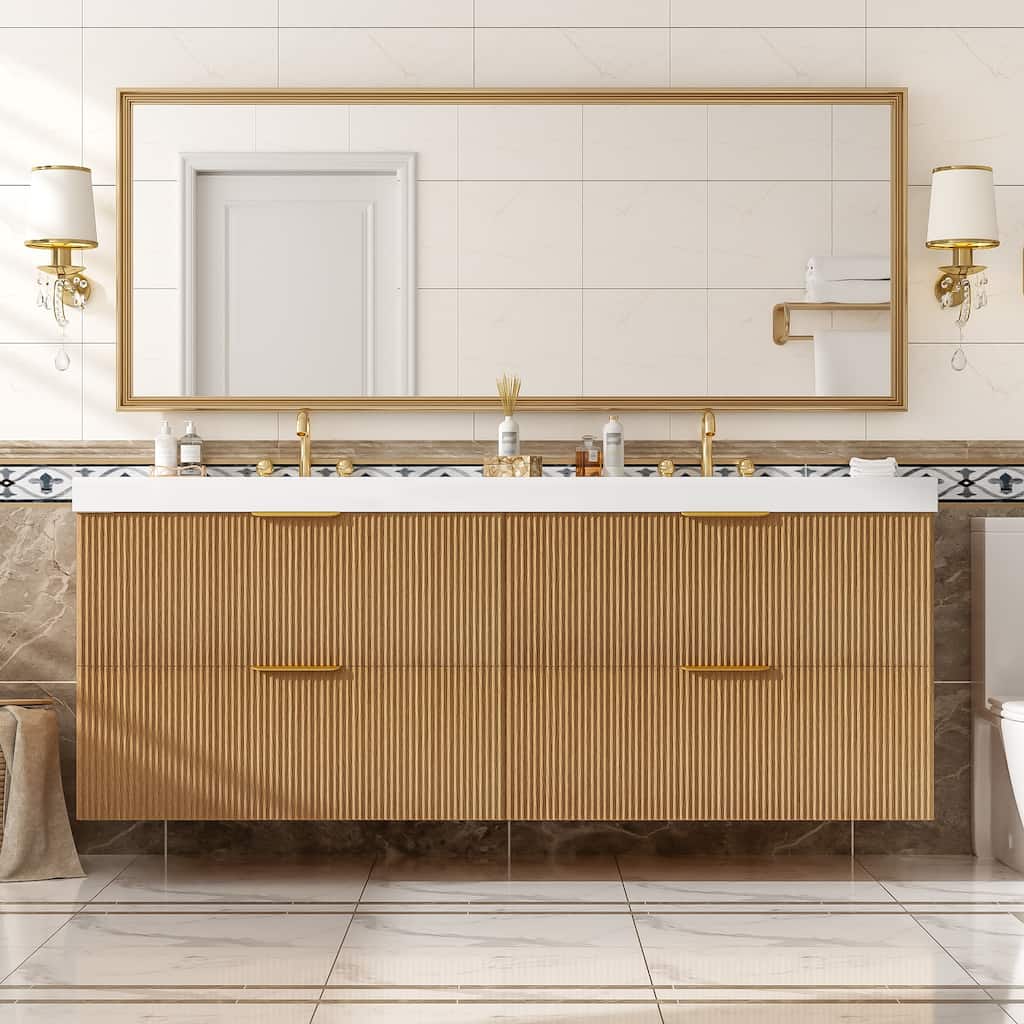 Floating Bathroom Vanity with Double Sink, Wall-Mounted Storage Vanity with 4 Drawers, SMC Integrated Basin - 59.3 Inch