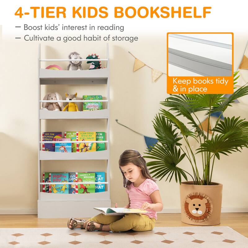 Gymax 4-Tier Kids Bookshelf Toy Storage Bookcase Rack Wall w/