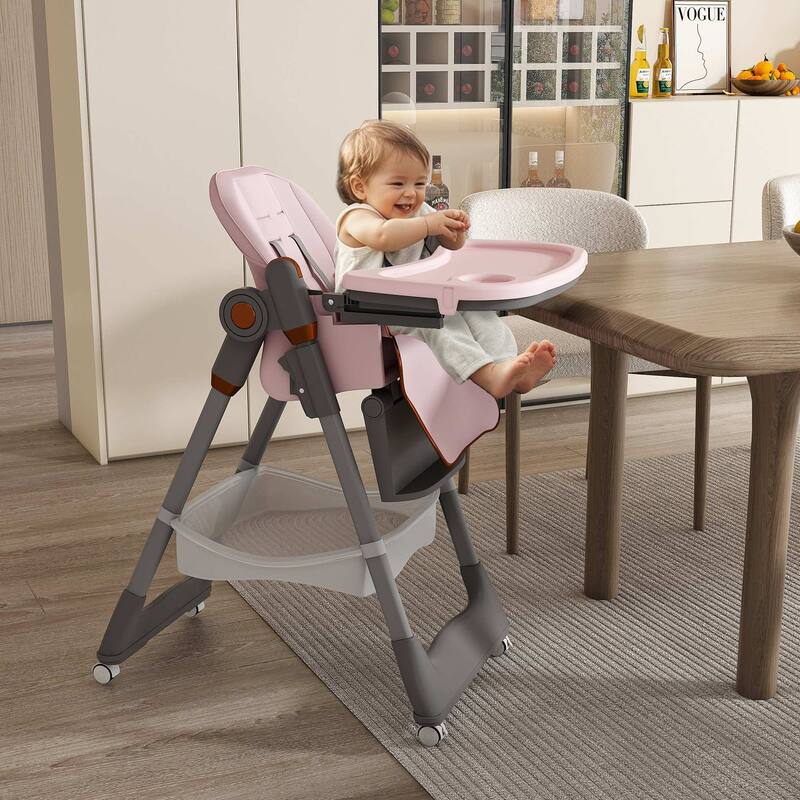 Adjustable Foldable Baby High Chair with Tray and Wheels for 0 6 Years