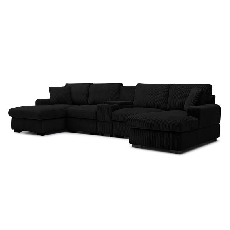 Modern Memory Foam Couch Corduroy U-shaped Sectional Sofa with Storage Console, Cup Holders and USB Ports for Living Room