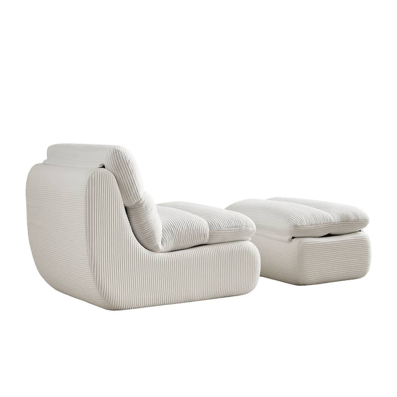 White Corduroy Lounge Chair with Ottoman and High-Density Foam Seat - 31.89" x 39.72" x 29.53"