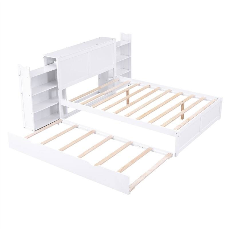 Wooden Storage Platform Bed with Bookcase Headboard, Full/Queen Bed Frame with Twin Size Trundle and Pull Out Shelves