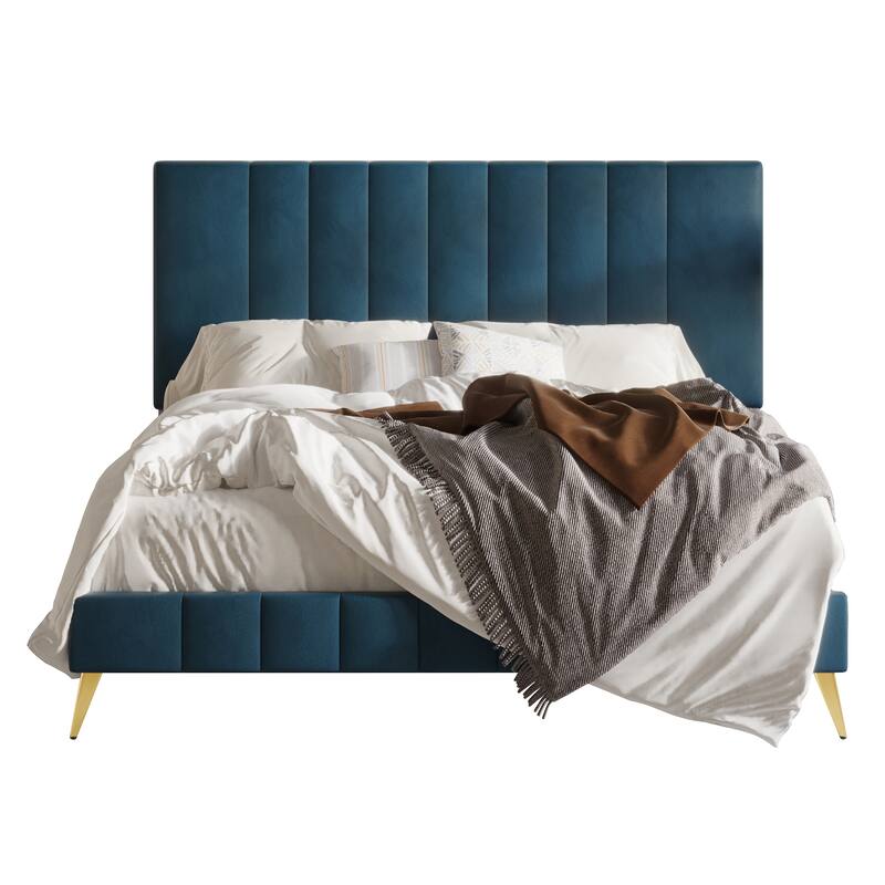 CraftPorch Modern Velvet Tufted Upholstered Gold Accent Platform Bed - Navy Blue - Queen