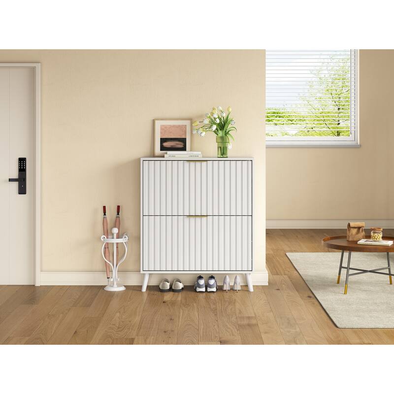 Tipping Bucket Narrow Shoe Cabinet, Multi-functional Shoe Rack Cabinet, Shoe Cabinet with Carved Doors & Solid Wood Legs