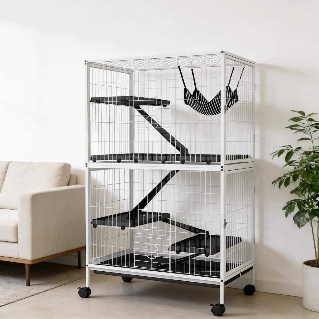 Pet House,Pet Habitat,Rolling Small Animal Cage is designed for convenient cleaning - White