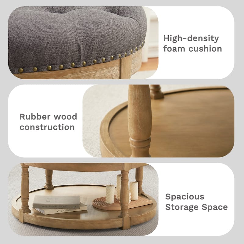 HUIMO 33in Round Upholstered Solid Wood Ottoman Coffee Table with Storage Shelf