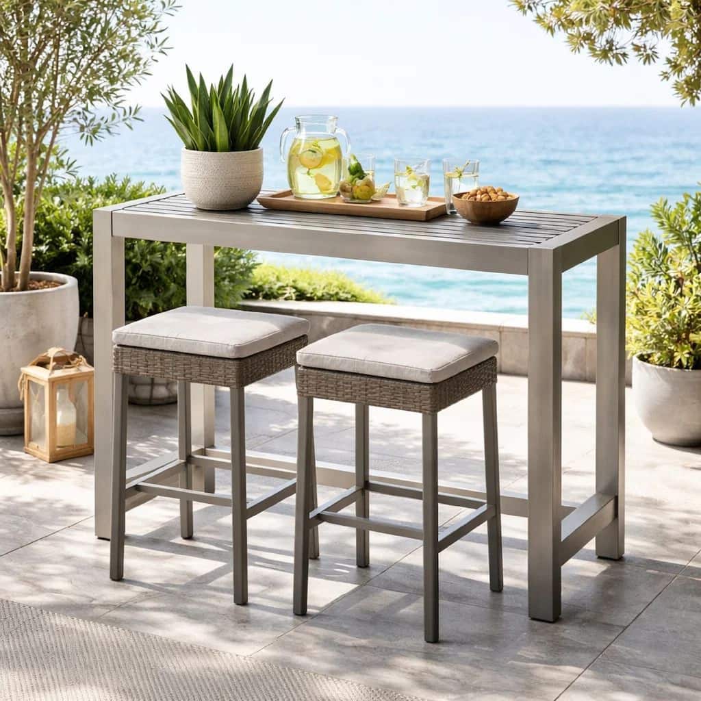 Kylo 59 Inch Outdoor Bar Table, Gray Aluminum Frame, Plank Surface, Large