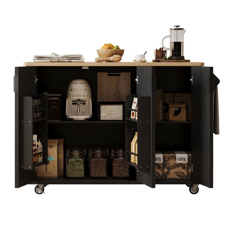 Farmhouse Accent Fluted Kitchen Island with Drop Leaf, Internal Storage Rack & Towel Rack, Rolling Kitchen Cart for Dining Room
