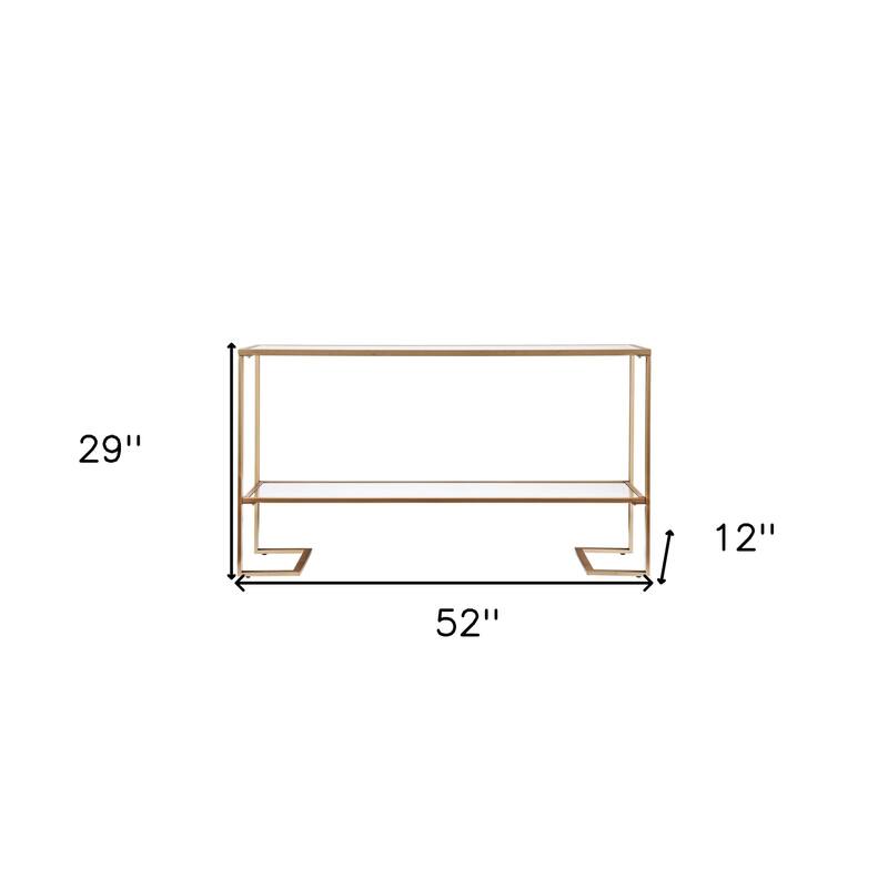 Clear Glass Gold Metal Console Table and Rectangular Sled Base with Shelves - 52” L x 12” W x 29” H - Clear and Gold