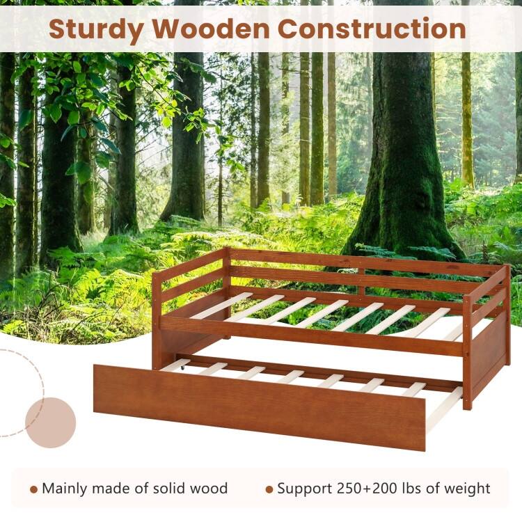 Metal Twin Size Trundle Platform Bed Frame with Wooden Slat Support and Space-Saving Design
