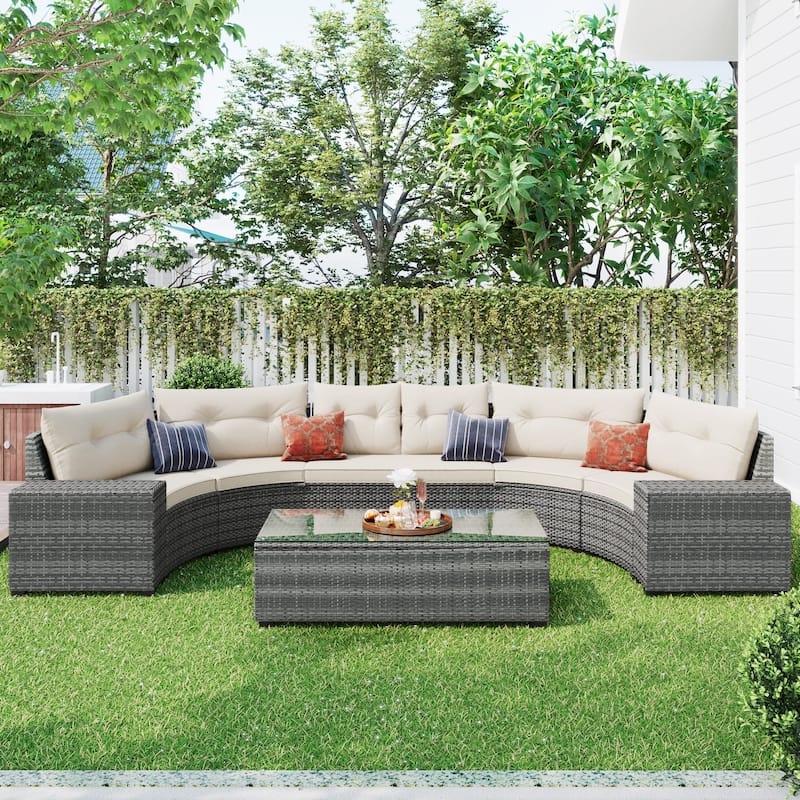 Convertible Sectional Sofa Set Half-Moon Conversation Sets Curved 8-pieces PE Wicker Sofa Set with Coffee Table, All Weather - Beige