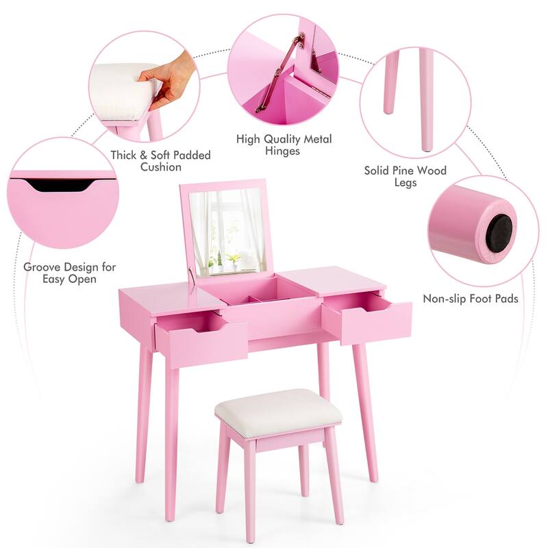 Costway Vanity Table Set w/ Flip Top Mirror Drawers 9 Dividers Makeup