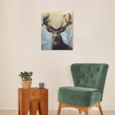 Wynwood Studio Canvas Animals Cute deer with birds Brown and Traditional Wall Art Canvas Print - Brown, Blue