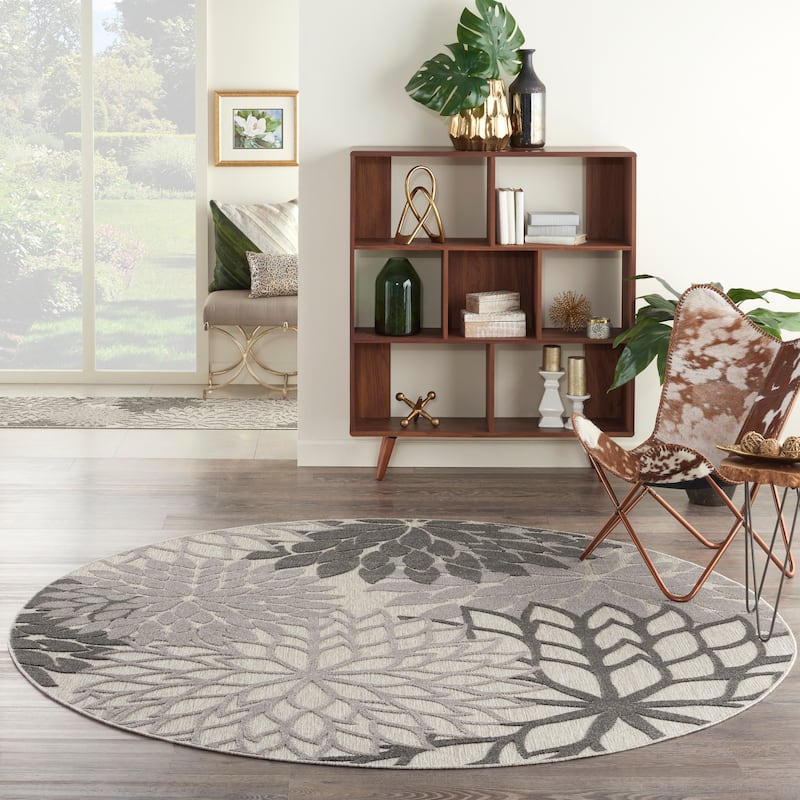 Nourison Aloha Floral Modern, Indoor/Outdoor Area Rug - 7'10" x Round - Silver/Grey