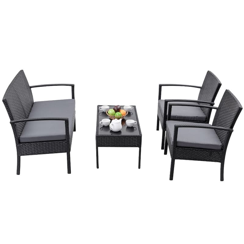 Complete 4-Piece Outdoor Rattan Wicker Patio Furniture Ensemble - 23" x 23.5" x 30.5" (L x W x H) - Black