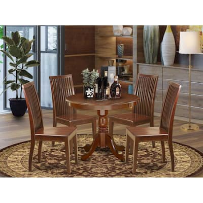 HomeStock 5-Piece Round Mahogany Finish Solid Wood Top Dining table with 4-Chairs with Lattice Back