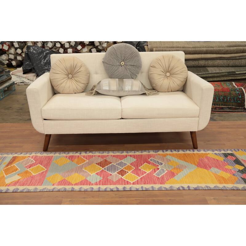 Hand Woven Oriental 100% Wool Carpet Southwestern Modern Pink Kilim Runner Rug - 8' 3'' X 2' 0''