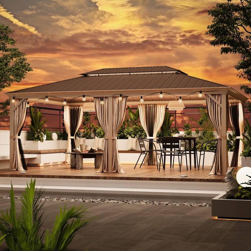 Wooden-Finish Aluminum Frame Outdoor Hardtop Gazebo with Galvanized Steel Double Roof, Premium Curtains, and Netting