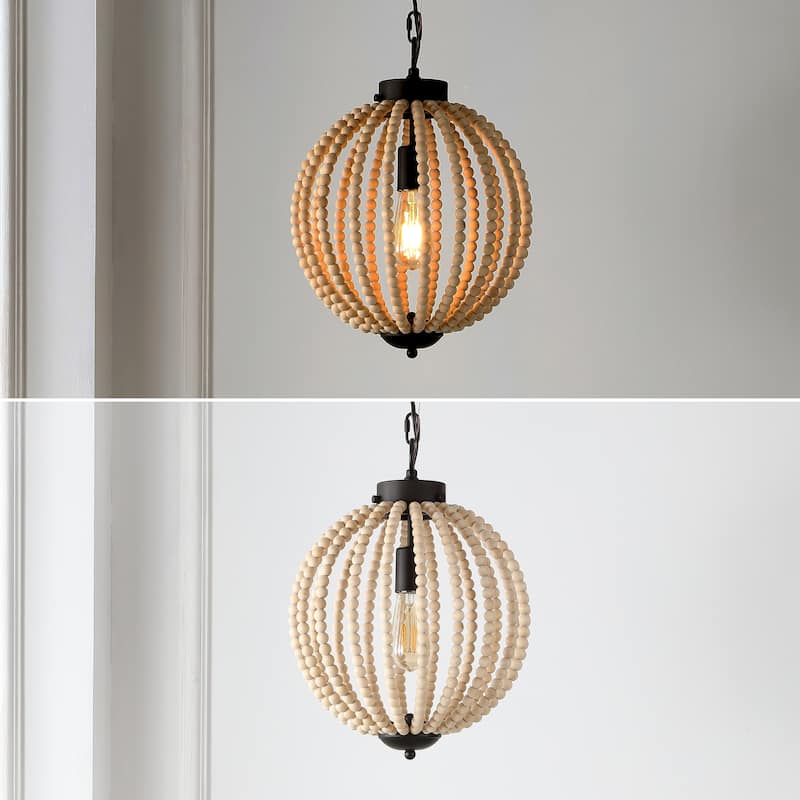 Alba 12.5" 1-Light Rustic Bohemian Iron/Wood Bead LED Pendant, Oil Rubbed Bronze/Brown by JONATHAN Y