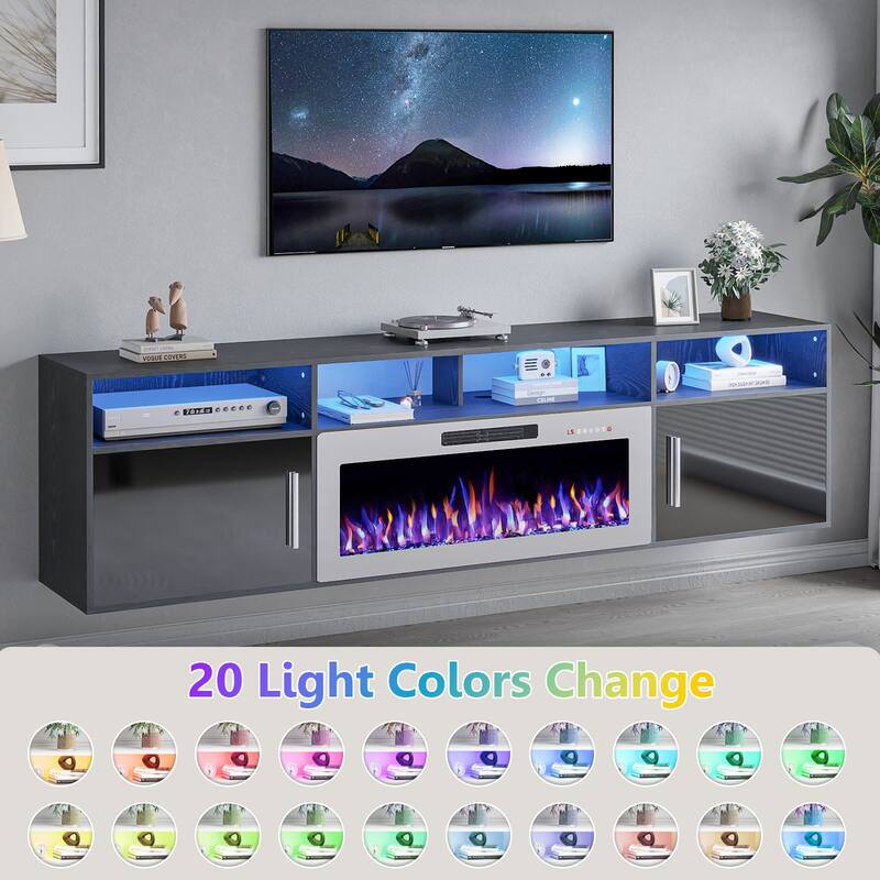 BOSSIN 80" Floating TV Stand with 36" Electric Fireplace, High Gloss Finish Wall Mounted Fireplace TV Stand with Storage