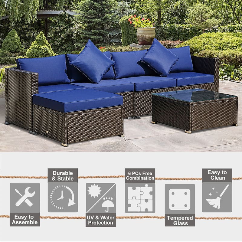 Outsunny 6-Piece Outdoor Patio Rattan Wicker Furniture Set with Comfortable Cotton Cushions, Removable Slip Covers
