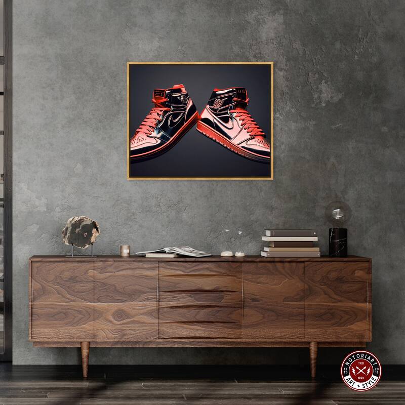 Notoriart Red Sneakers On Display Framed Sneaker 1 Piece Canvas Wall Art