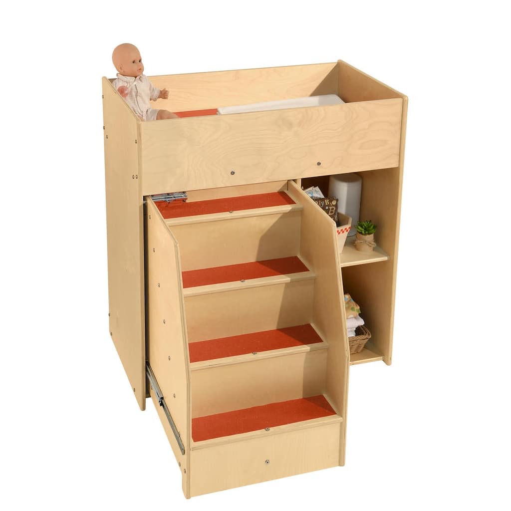 Contender Baby Diaper Changing Station with Sliding Stairs Storage Shelf, Kids Table with Red Vinyl Changing Pad - 36"