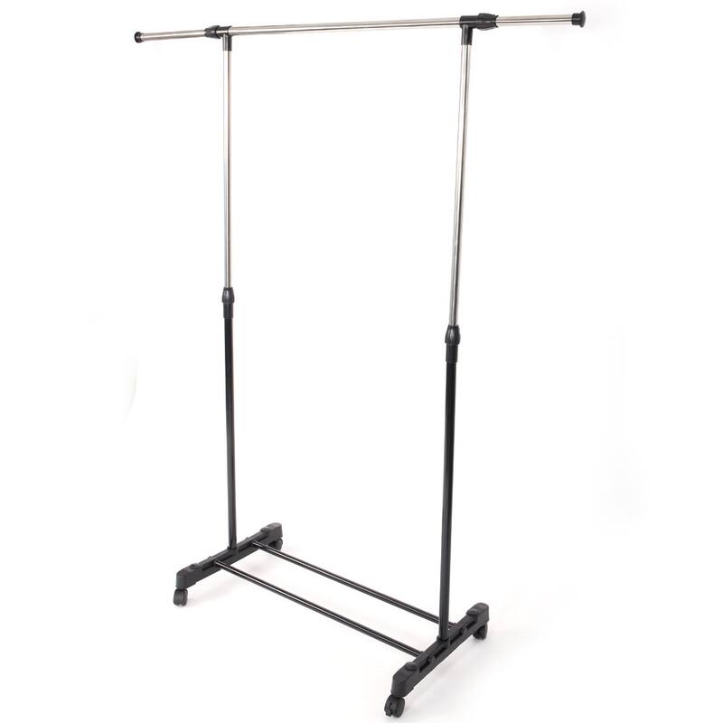 Single/Double-bar Vertical & Horizontal Stretching Stand Clothes Rack with Shoe Shelf Black & Silver - C