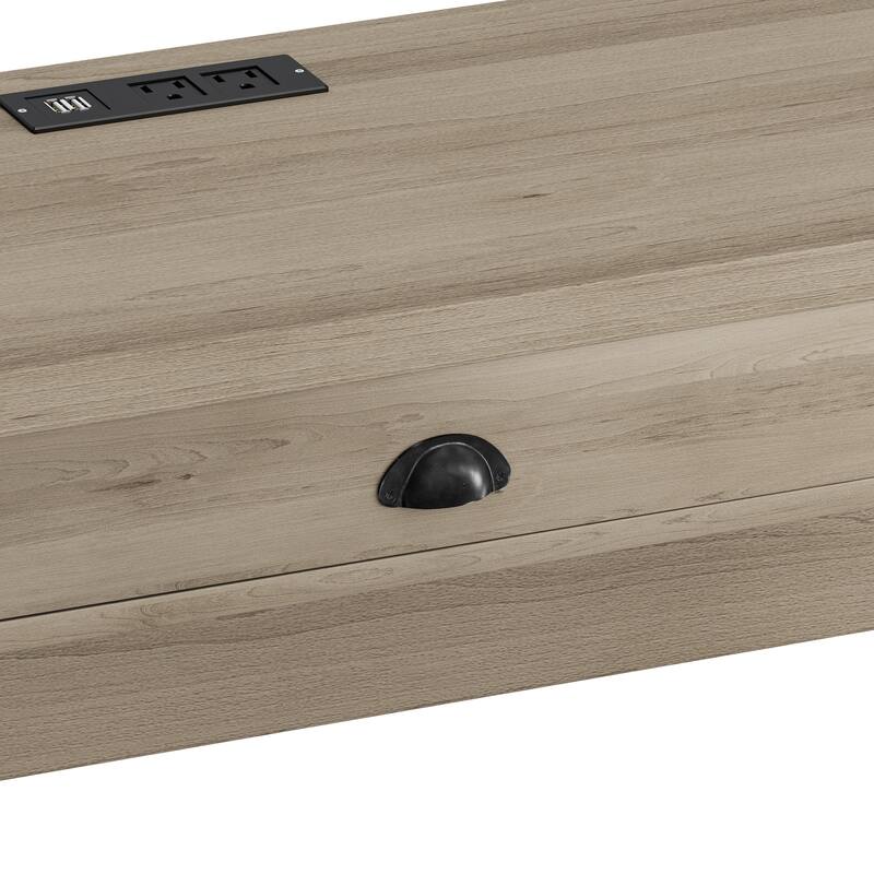 3-Drawer Long Dining Table Set with Power Outlets, Bar Kitchen Table Set with Circular PU Stools, Brown Gray Table+Black Stool