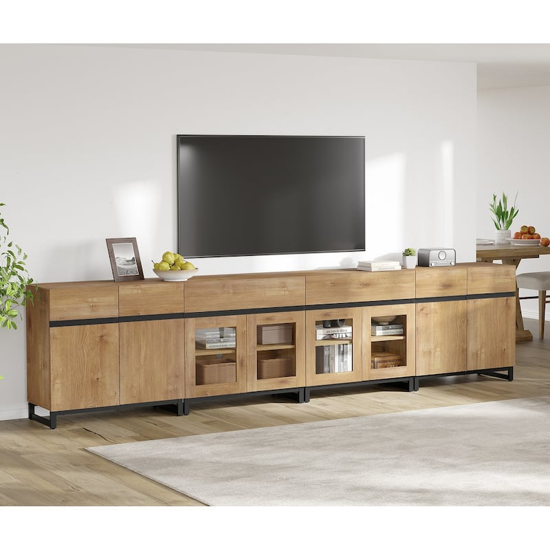 Modern TV Stand for 120" TVs, 4-in-1 Console with Glass Doors & 2 Drawers - 126 inches - Oak
