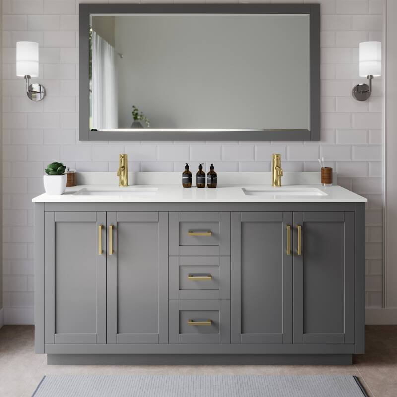 Wyndham Collection WCF292966D-QTZ-UNSM58 Miranda 66" Free Standing - Dark Gray / White Quartz Top / Brushed Gold
