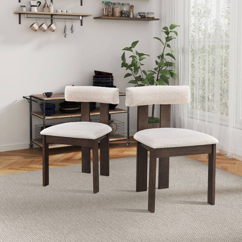 Wooden Dining Chairs Set of 2, Boucle Upholstered Kitchen Side Chairs, Open Back Kitchen Chairs with Rubber Wood Frame - Brown