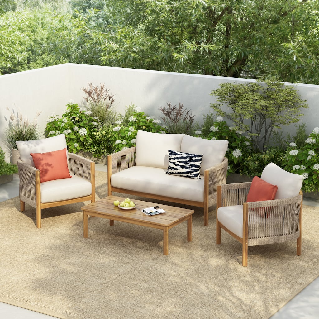 Christopher Knight Home - Amelie Outdoor 4-Piece Acacia Lounge Set - Loveseat, Club Chairs, & Coffee Table with Cushions