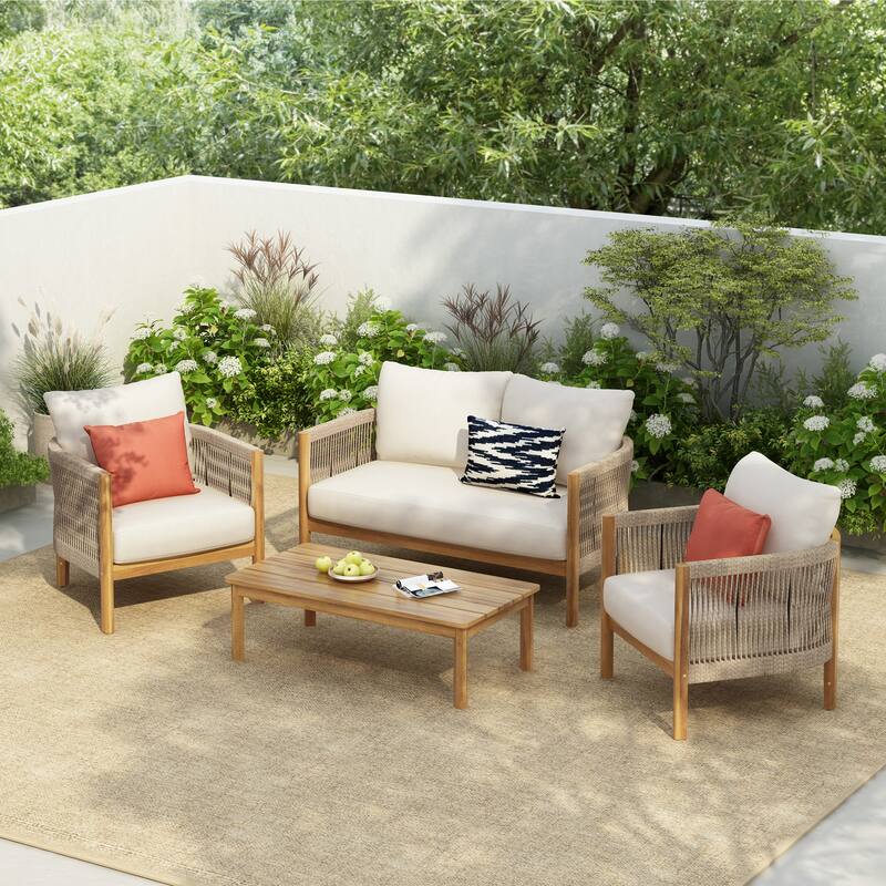 Christopher Knight Home - Amelie Outdoor 4-Piece Acacia Lounge Set - Loveseat, Club Chairs, & Coffee Table with Cushions - Teak + Beige