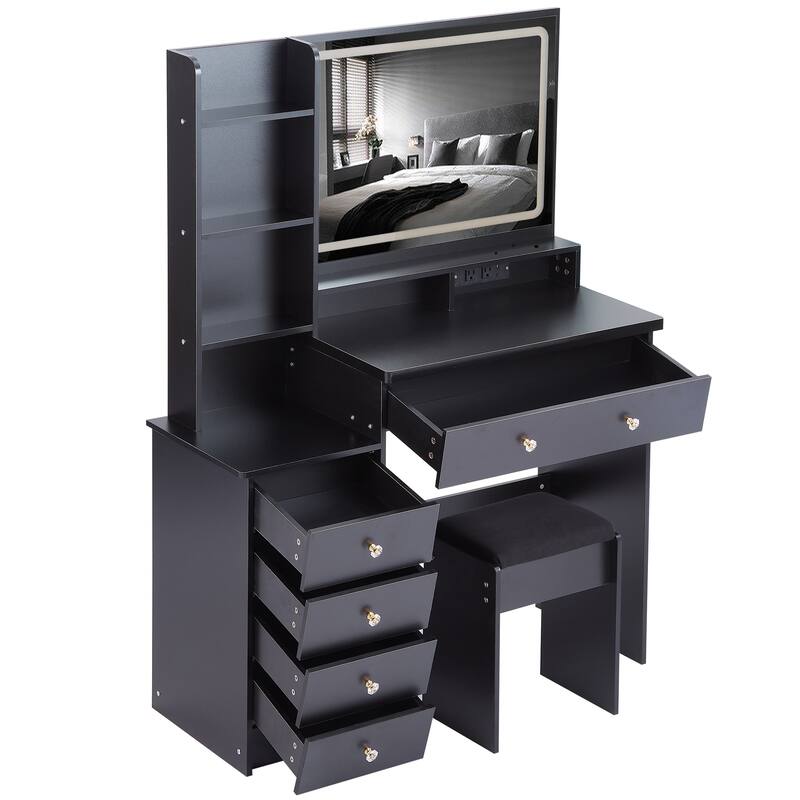 Vanity Desk with Touch Control LED Mirror, Makeup Table with Hair Dryer Stand, Vanity Table Set with Cushioned Stool