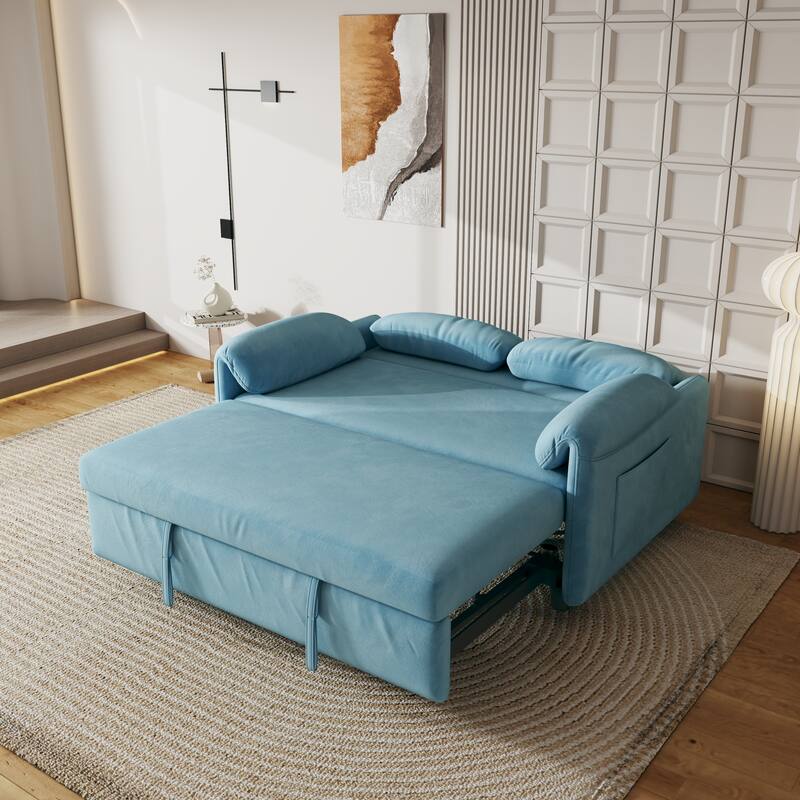 Sofa Showcase: 54" Velvet Blue Sofa Bed - A Dual-Purpose Living Room Gem with a Retractable Bed Option