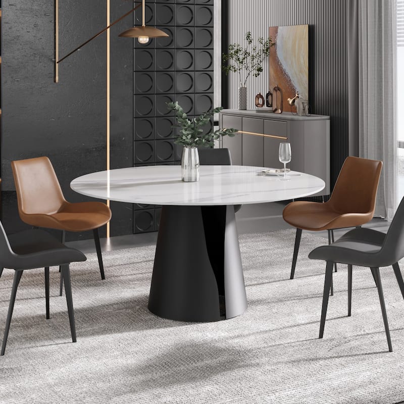 59" Round Slate Dining Table, White Marble Top with Black Metal Pedestal - White