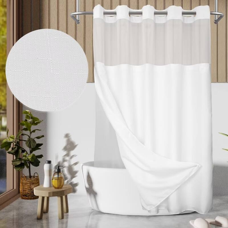 No Hook Slub Linen Texture Shower Curtain with PEVA Snap-in Liner