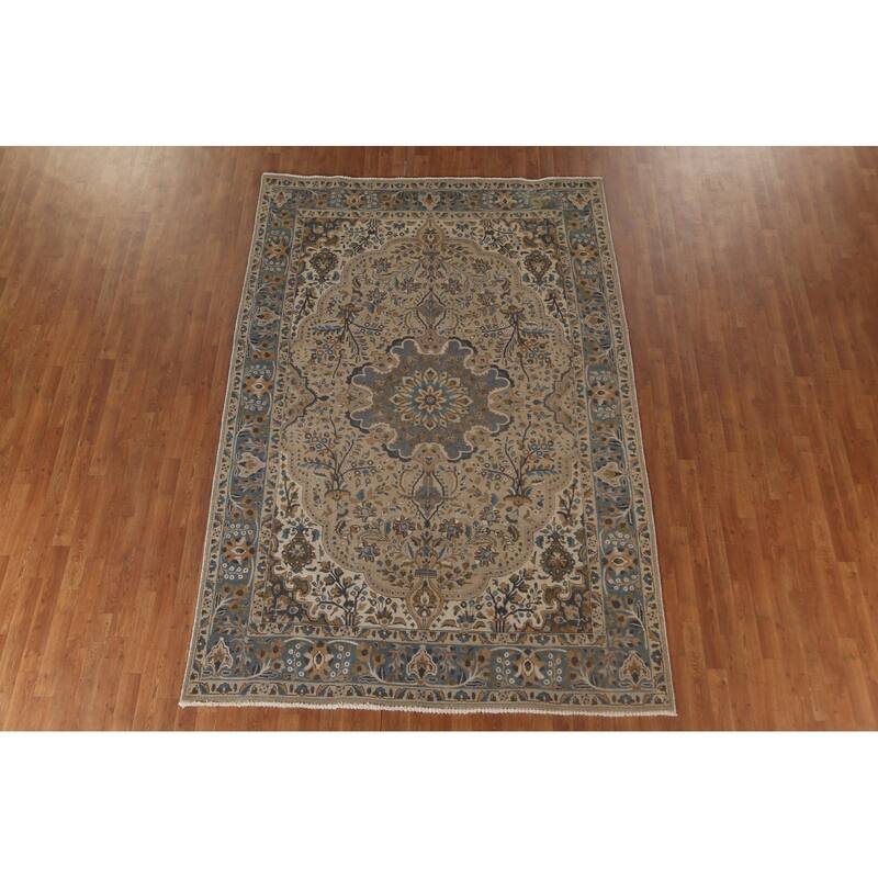 Tabriz Persian Vintage Rug Handmade Traditional Beige Wool Carpet - 6'10"x 9'10"