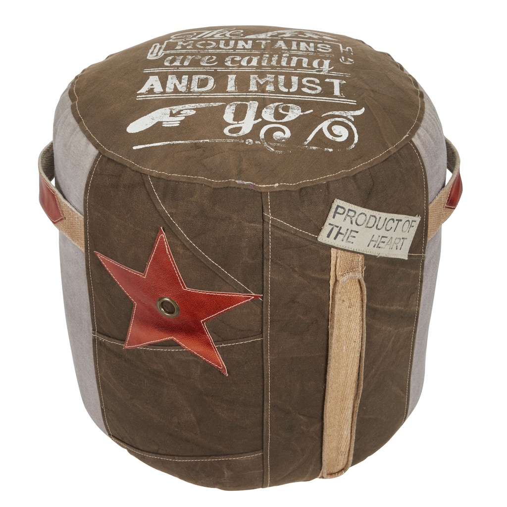 Canvas Pouf with Leather Accents - Brown or Multi Colored - Roche River Decor