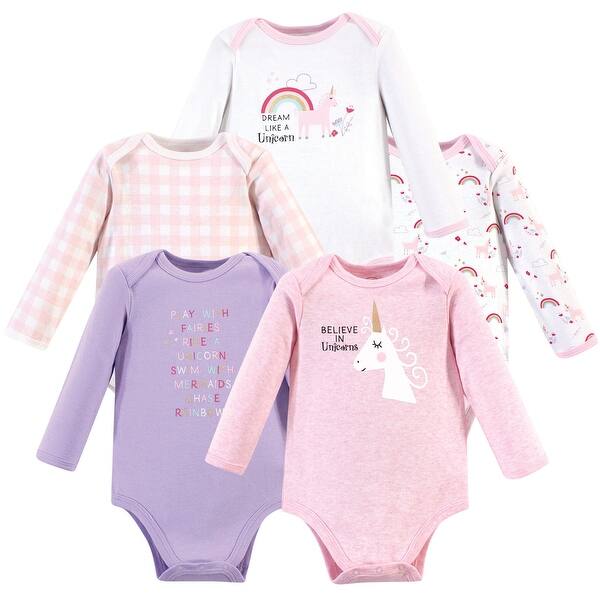 slide 1 of 1, Luvable Friends Baby Girl Cotton Long-Sleeve Bodysuits 5pk, Unicorn 0-3 Months - Unicorn