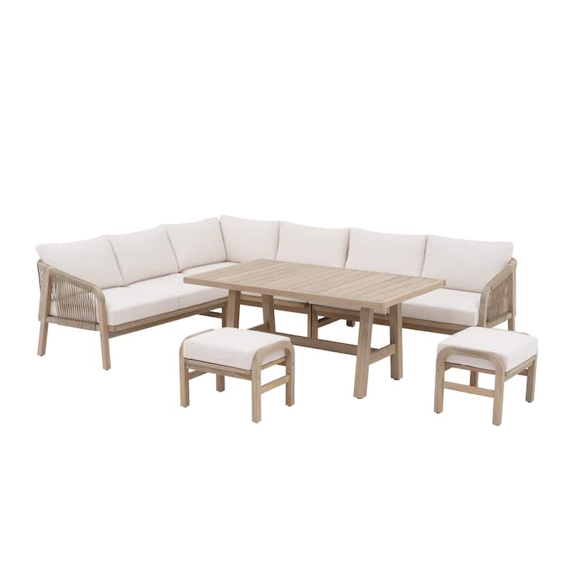 Outdoor Sectional Sofa Set 6-Piece Acacia Wood L-Shaped Corner Sofa Set with Dining Table & Ottoman
