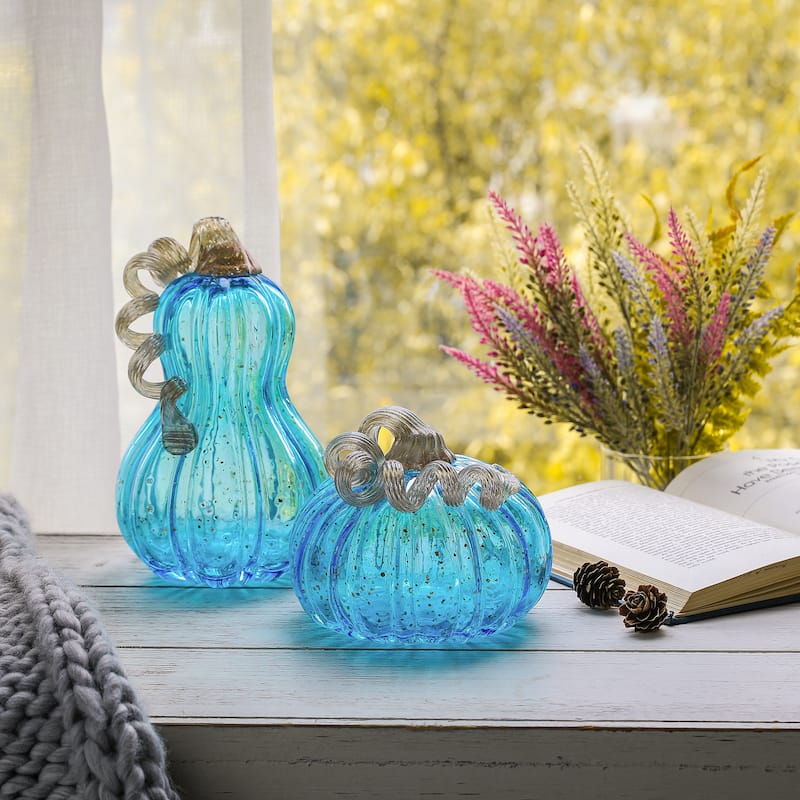 Glitzhome Fall Hand Blown Blue Glass Pumpkin Thanksgiving Table Decor - B & C