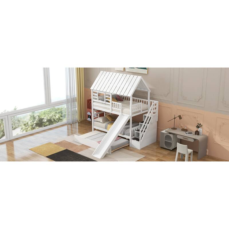 Roomfitters Twin Over Twin House Bunk Bed with Slide, Trundle and Storage Staircase