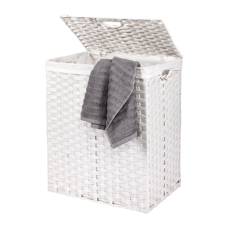 Seville Classics Lidded Foldable Portable Rectangular Laundry Hamper Basket with Washable Liner - White