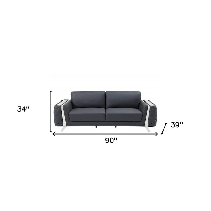 HomeRoots 90" Gray Italian Leather Sofa With Silver Legs