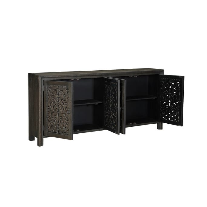 HomeRoots 78" Black Distressed Solid Wood Carved Floral Sideboard with Four Doors - 78.00 in. x 36.00 in. x 16.00 in.