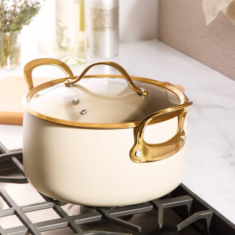Bloomhouse 6 Quart Heavy Duty Aluminum Premium PFA Free Ceramic Nonstick Dutch Oven Pot with Lid - Almond Cream with Gold Handle