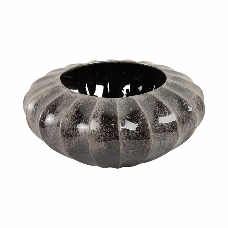 Decorative Round Ribbed Pottery Bowl with Glazed Finsih - 14", Black - 14.5"